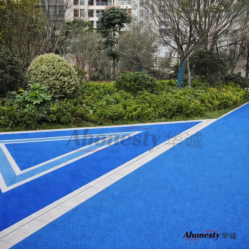 Colored cold mix asphalt pedestrian path with anti-slip surface in residential landscape area