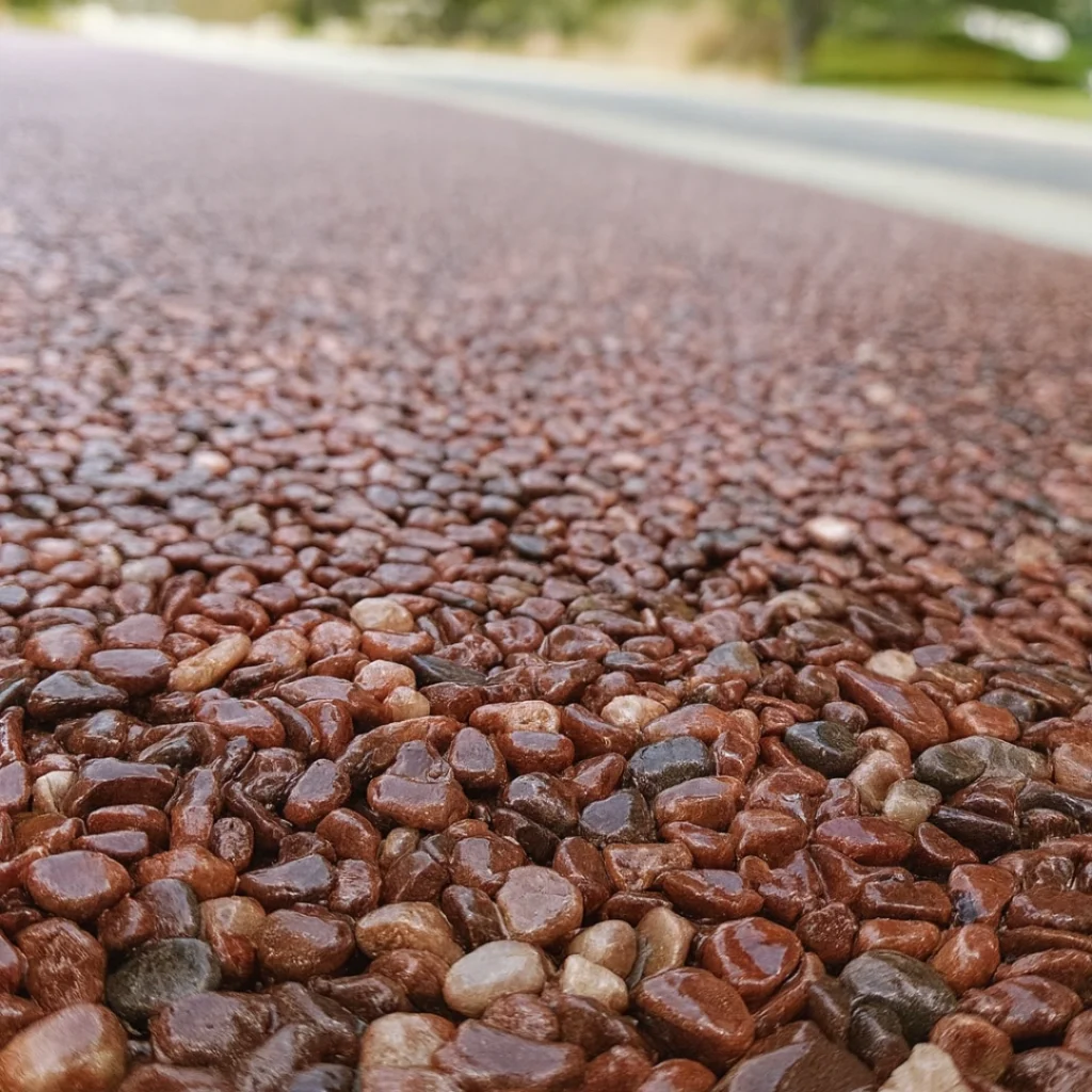 Close-up view of a red resin-bound stone pavement showing binder transparency, aggregate structure, and surface detailing in high-end landscape applications.