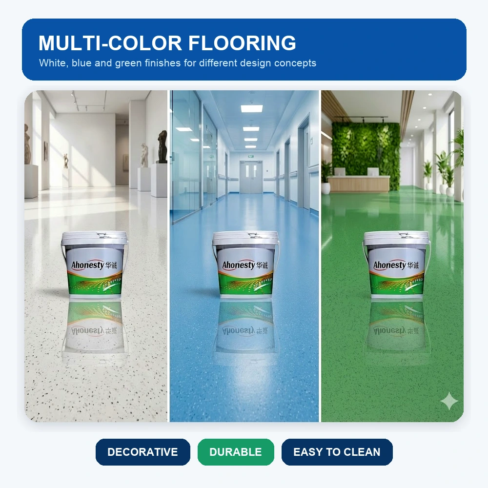 HC51 multicolor epoxy color sand flooring in white, blue and green interiors