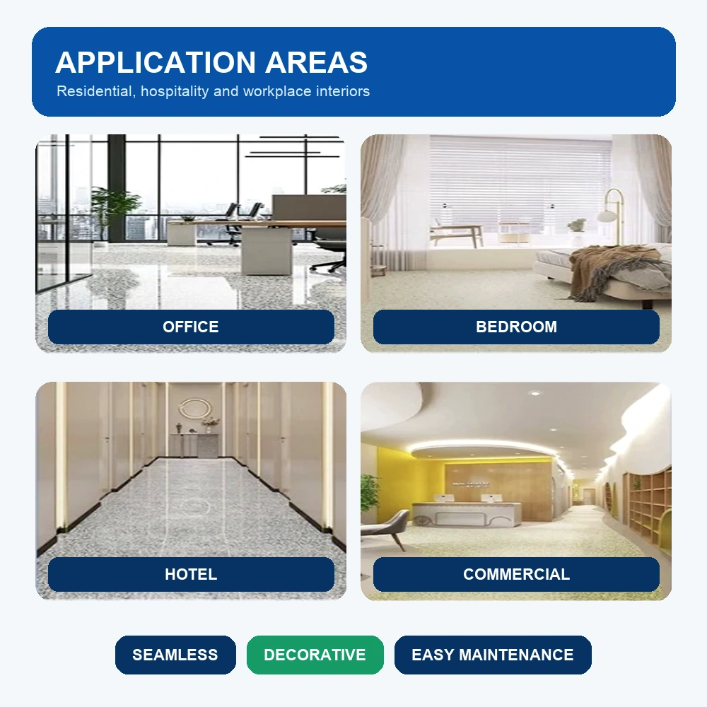 HC51 epoxy color sand flooring application areas including office, bedroom, hotel and commercial interiors